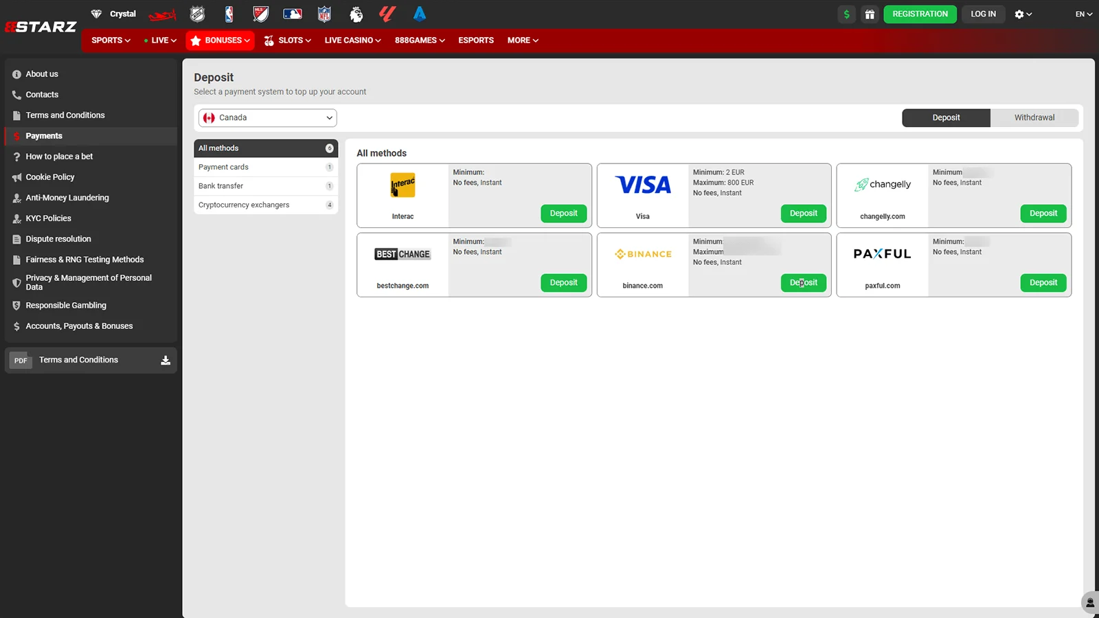 888Starz Casino Payment Methods