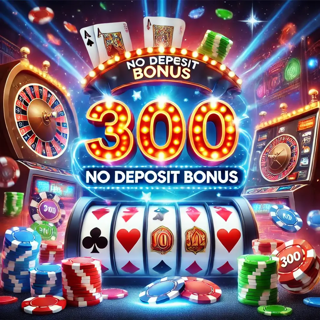 DALL&middot;E 2024 09 05 19.39.38 A vibrant online casino scene with glowing slot machines poker chips and playing cards scattered around a large glowing number 300 in the center 
