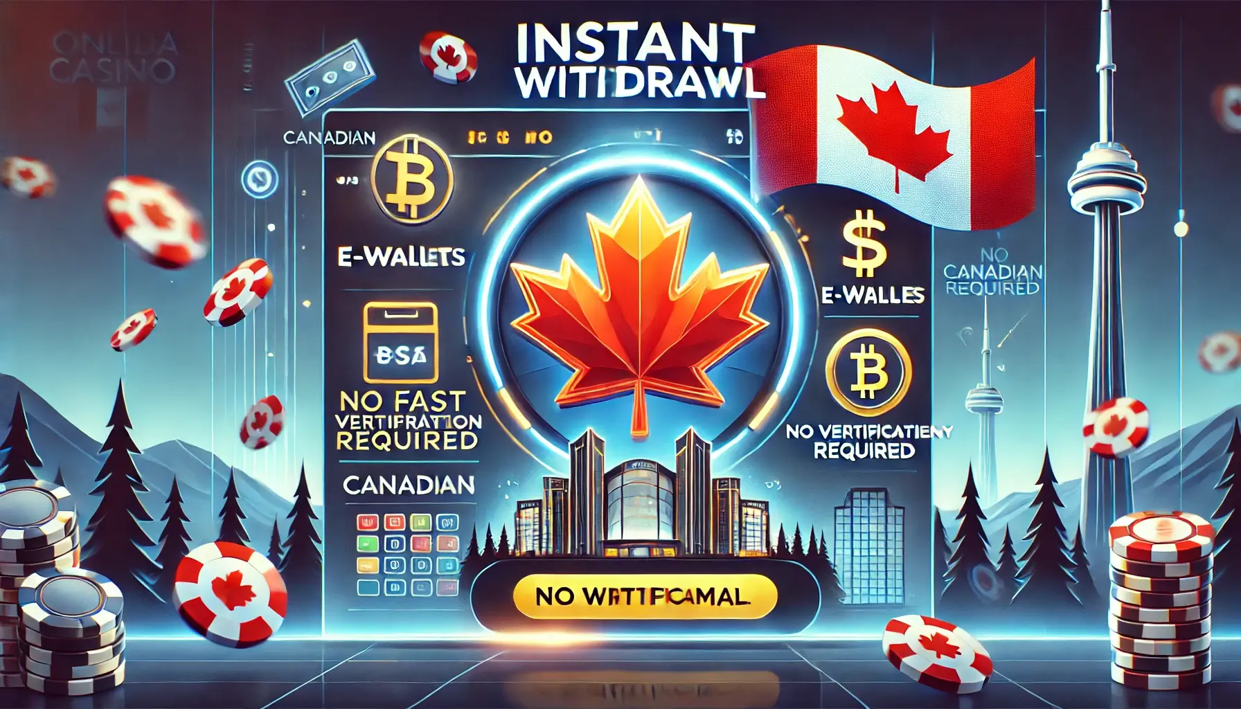 DALL&middot;E 2024 09 06 19.15.16 A sleek modern online casino interface set against a Canadian backdrop featuring a bold Instant Withdrawal banner. There are icons of different pa 
