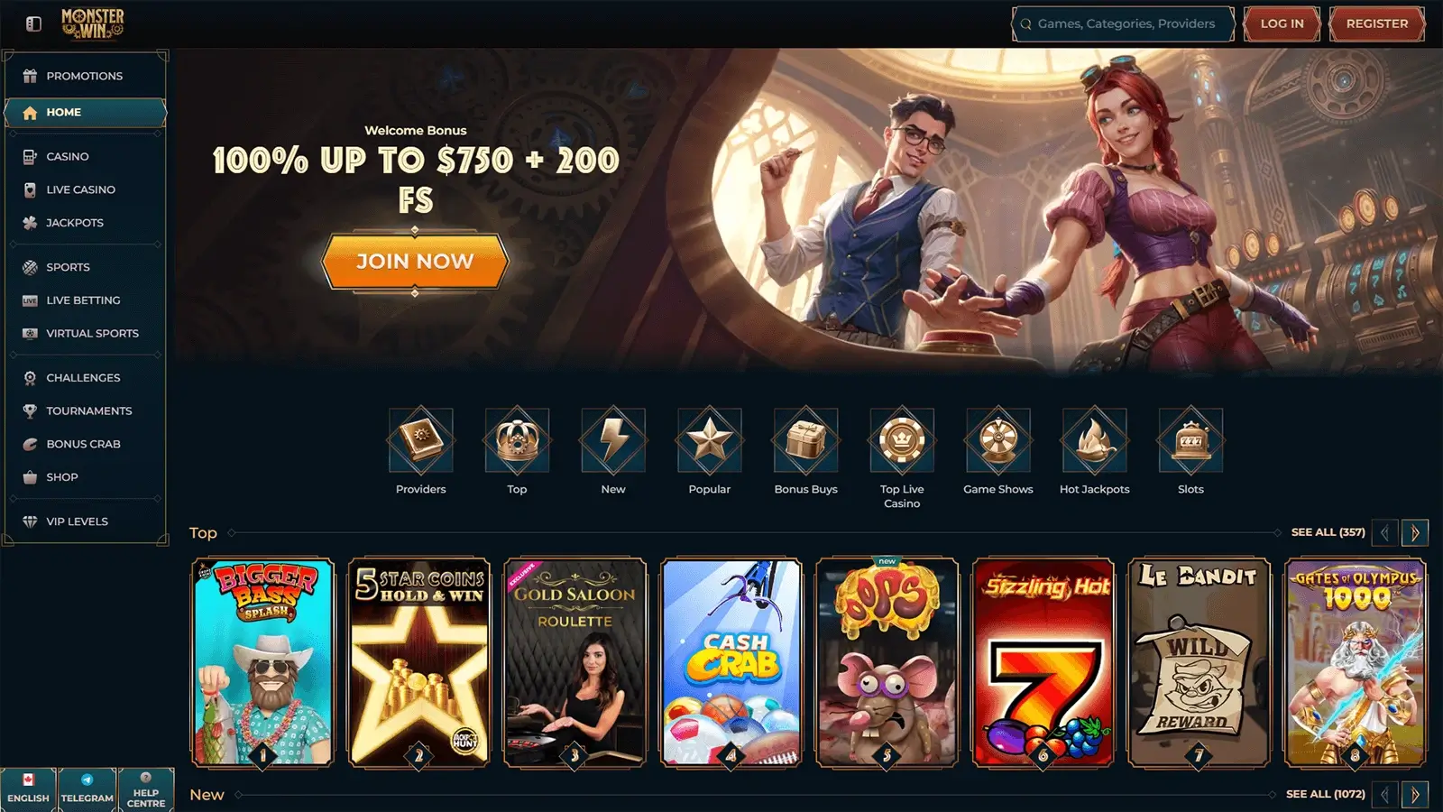 MonsterWin Casino Homepage 