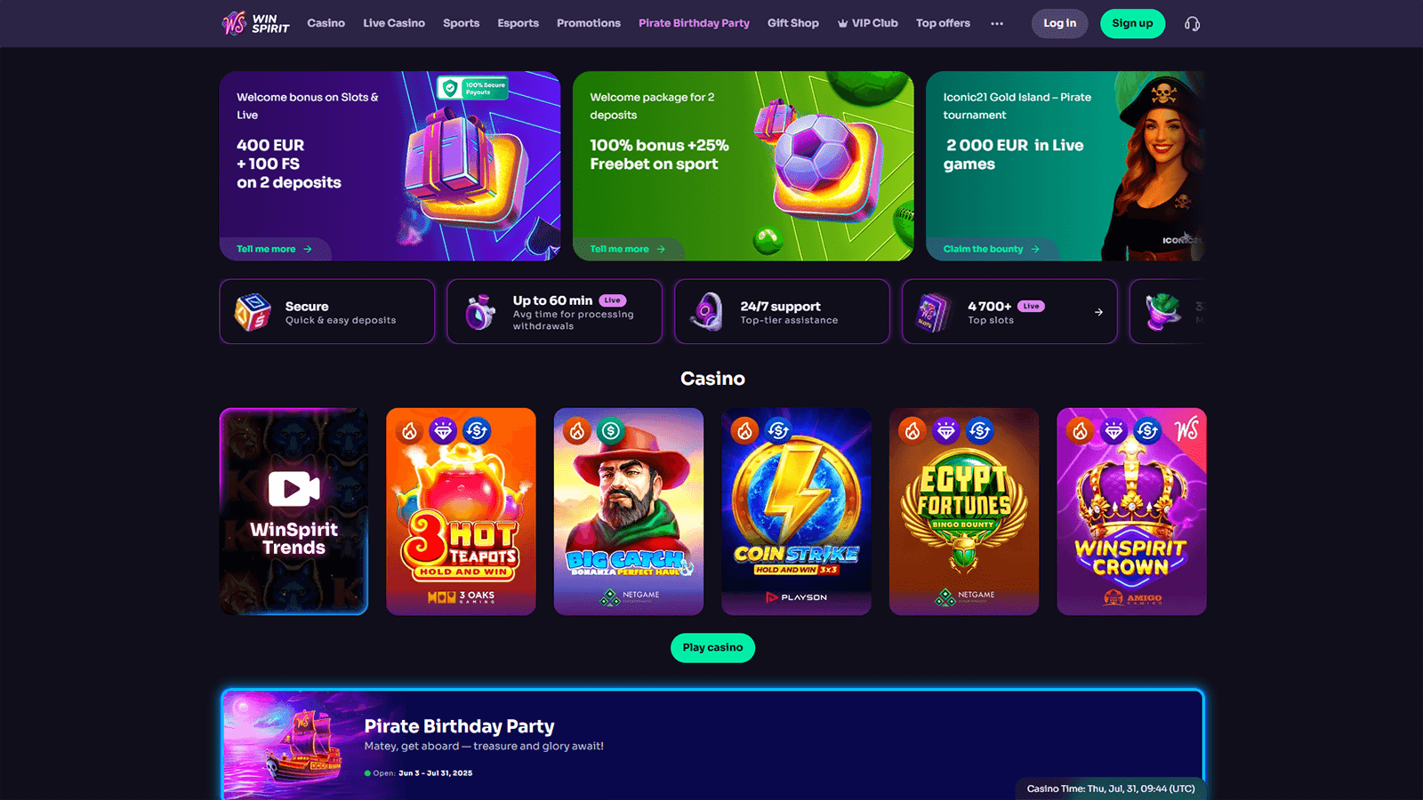 WinSpirit Casino Homepage 