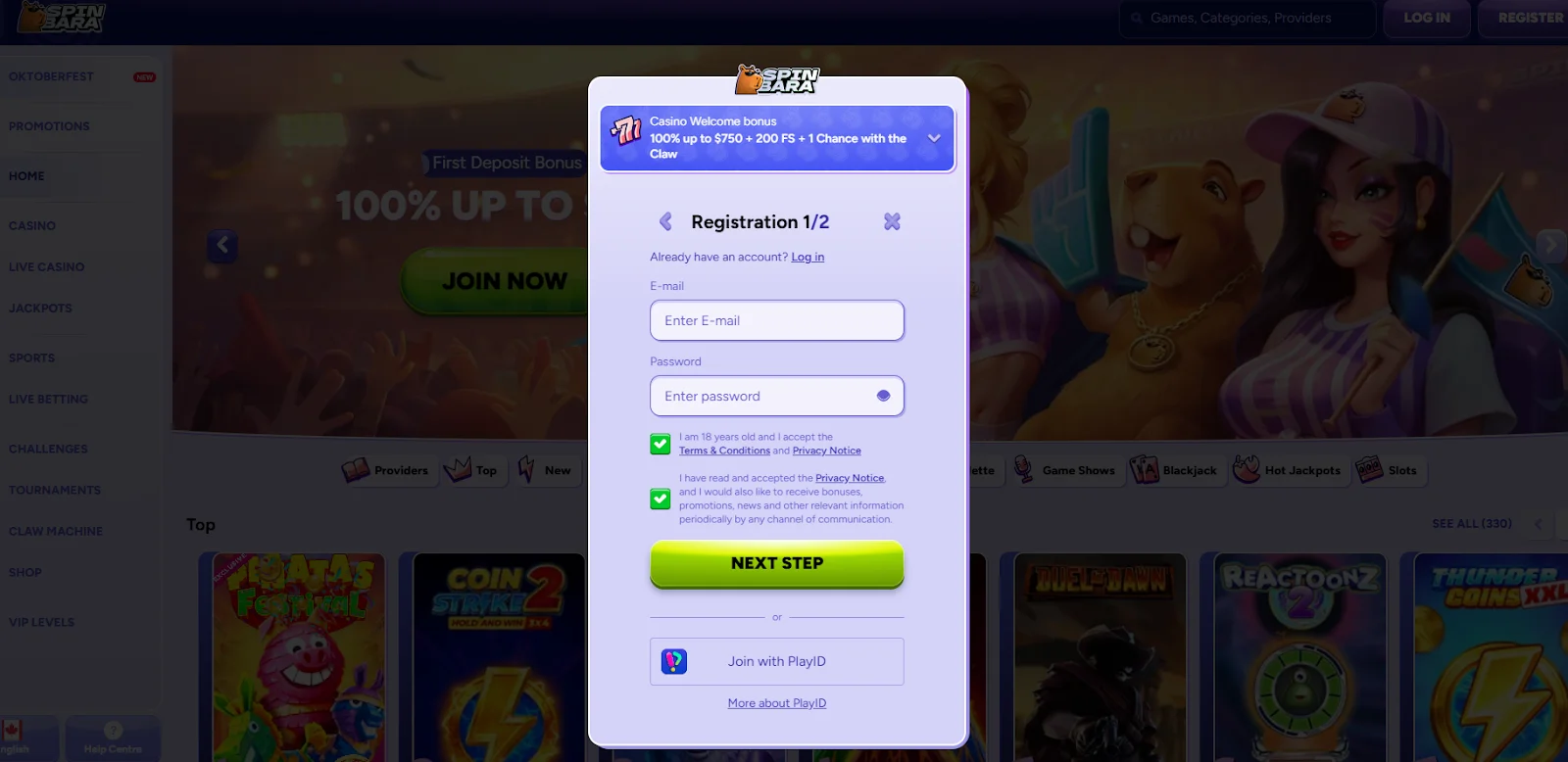 Spinbara Casino Registration Form 