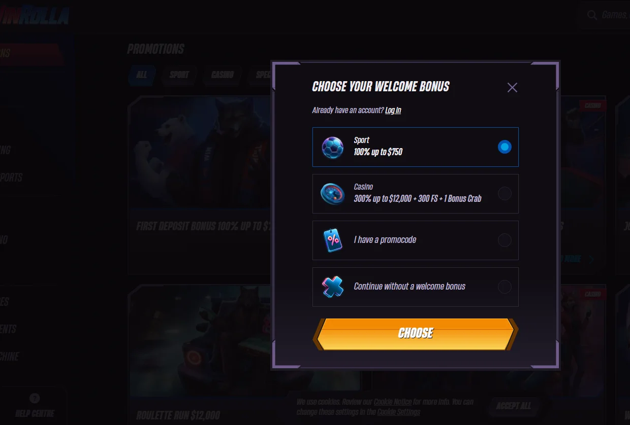 WinRolla Casino Choose Bonus
